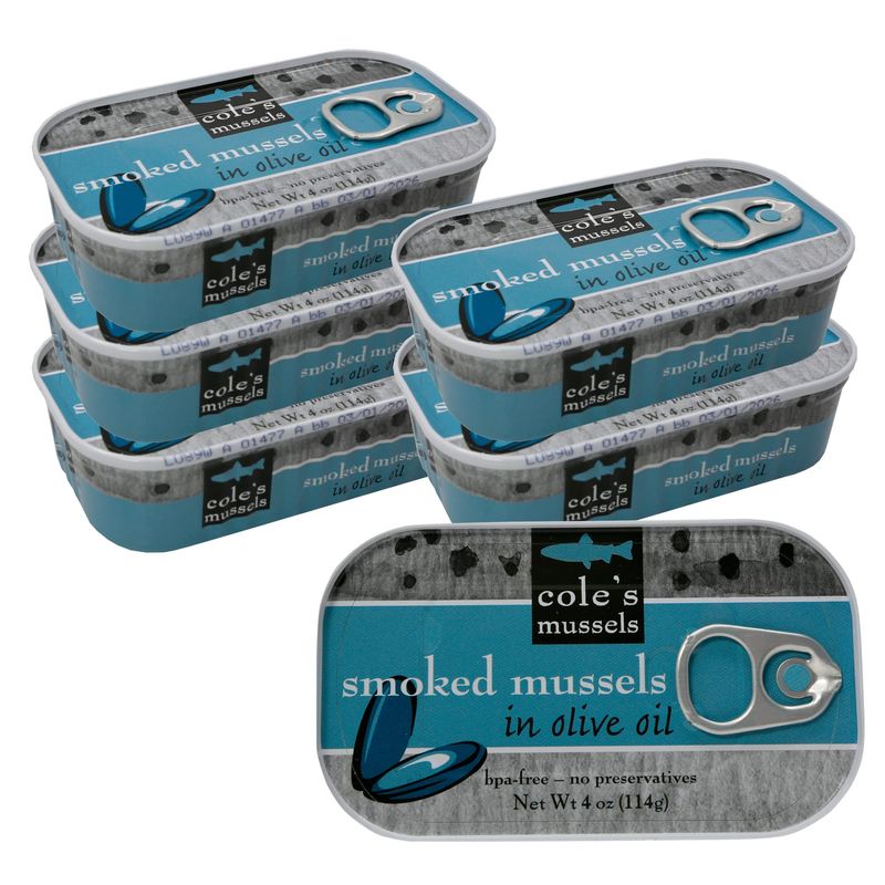 Coles Patagonian Smoked Mussels Canned in Extra Virgin Olive Oil | 4oz Hand-Packed Tinned Mussels | 14g Protein | Single Unit