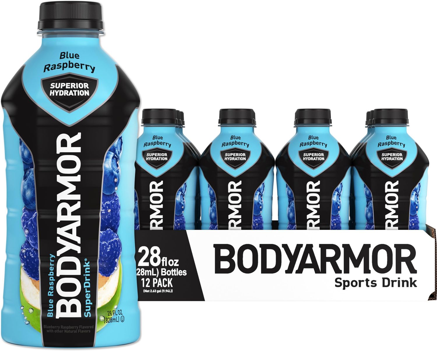 BODYARMOR Sports Drink Sports Beverage, Blue Raspberry, Coconut Water Hydration, Natural Flavors With Vitamins, Potassium-Packed Electrolytes, Perfect For Athletes, 28 Fl Oz (Pack of 12)