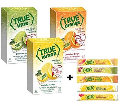 True Lemon Lime Orange  32ct each plus FREE sample packs of True Lemon Original Lemonade Mango Orange Peach Lemonade Black Cherry Limeade and Raspberry Lemonade