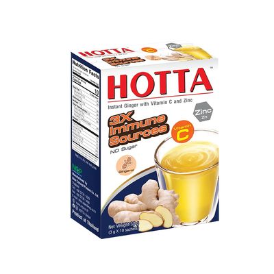 HOTTA Instant Ginger Drink With Zinc &amp; Vitamin C Hot or Cold No Sugar Caffeine Free Tea Soothes Throat Easy Brewing Low Calories Real Asian Ginger, 10 Sachets