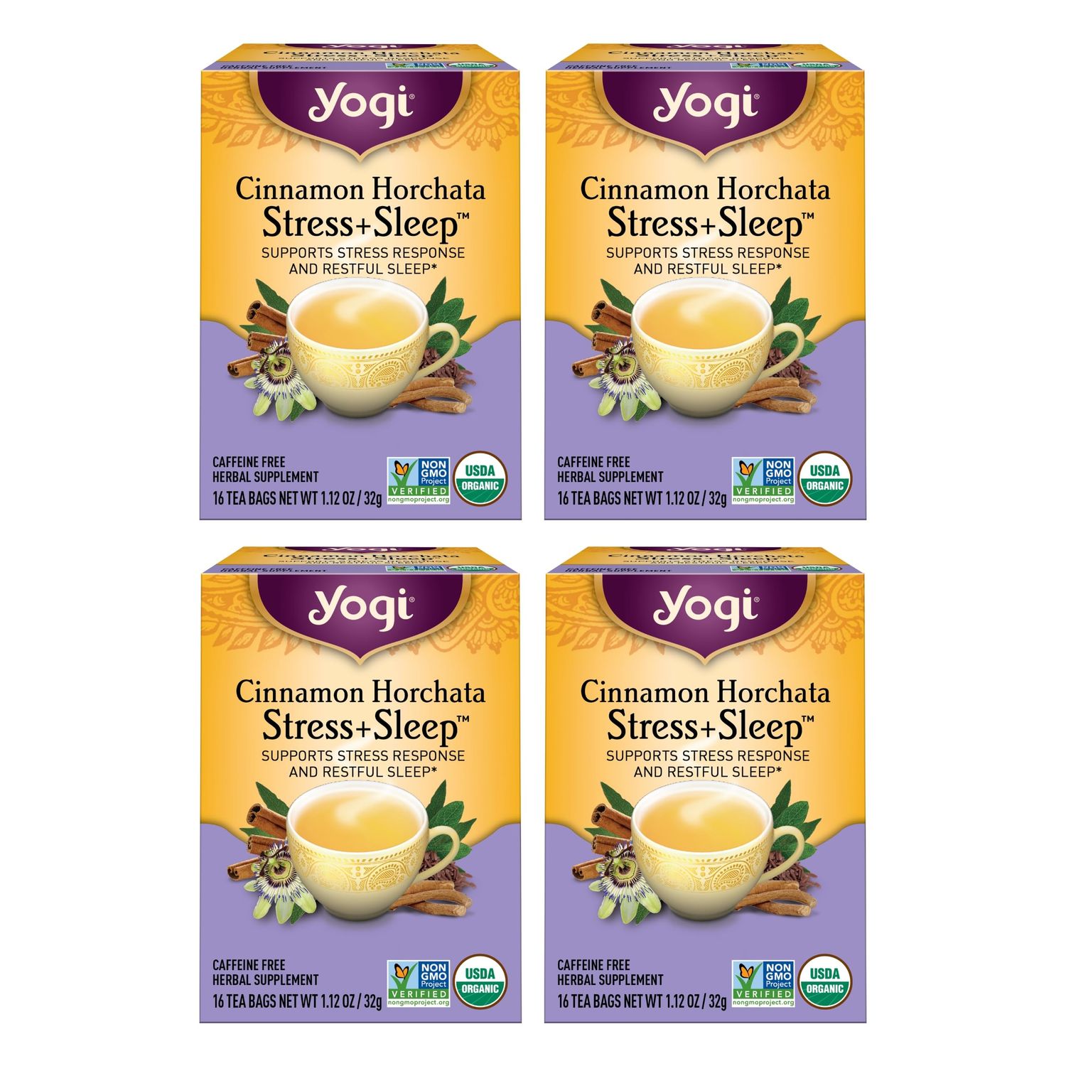 Yogi Tea Cinnamon Horchata Stress &amp; Sleep - 16 Tea Bags per Pack (4 Packs) - Organic Sleep Tea - Supports a Restful Sleep - Includes Ashwagandha, Passionflower &amp; Apple Cider Vinegar
