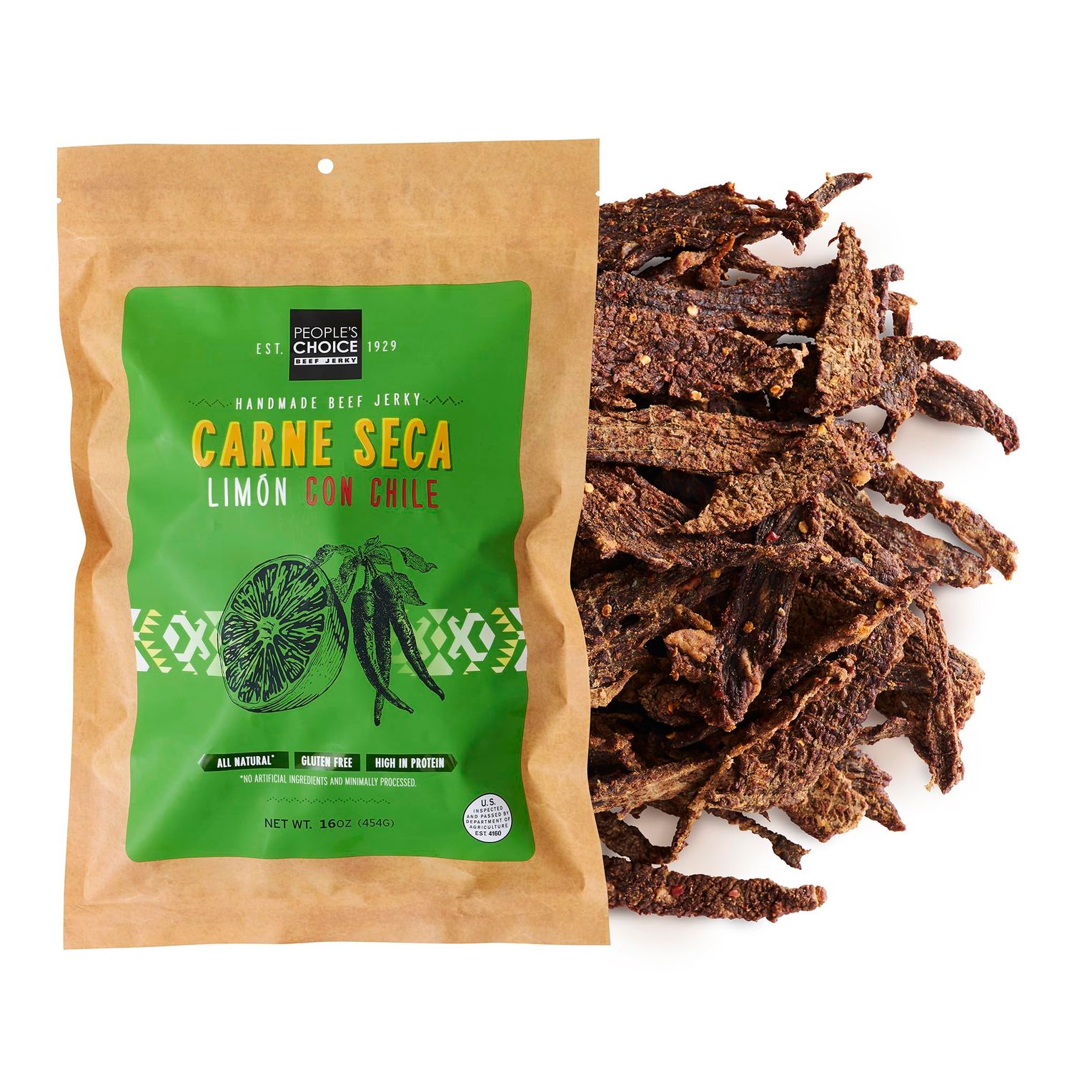 People&#39;s Choice Beef Jerky - Carne Seca - Limn Con Chile - Healthy, Sugar Free, Zero Carb, Gluten Free, Keto Friendly, High Protein Meat Snack - Dry Texture - 1 Pound, 16 oz - 1 Bag