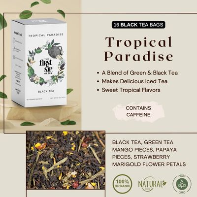 Tropical Paradise, Mango, Strawberry, Papaya, Black &amp; Green Tea, Pyramid Sachet Tea Bags, Caffeinated, Hot &amp; Iced Tea - 16 Cups | The Spice Hut, First Sip Of Tea
