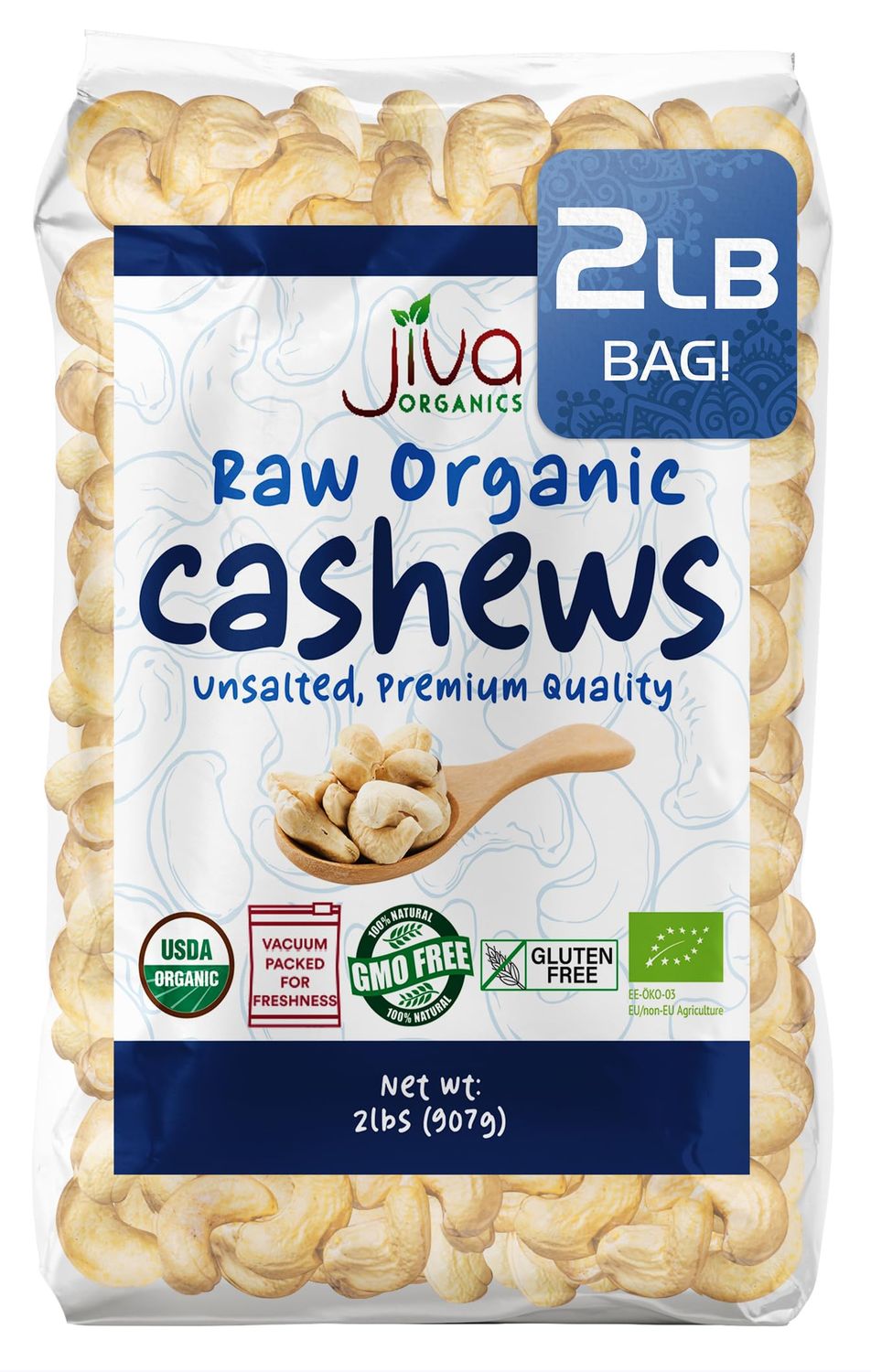 Jiva Organics Raw Organic Cashews (Whole) 2 Pound Bag