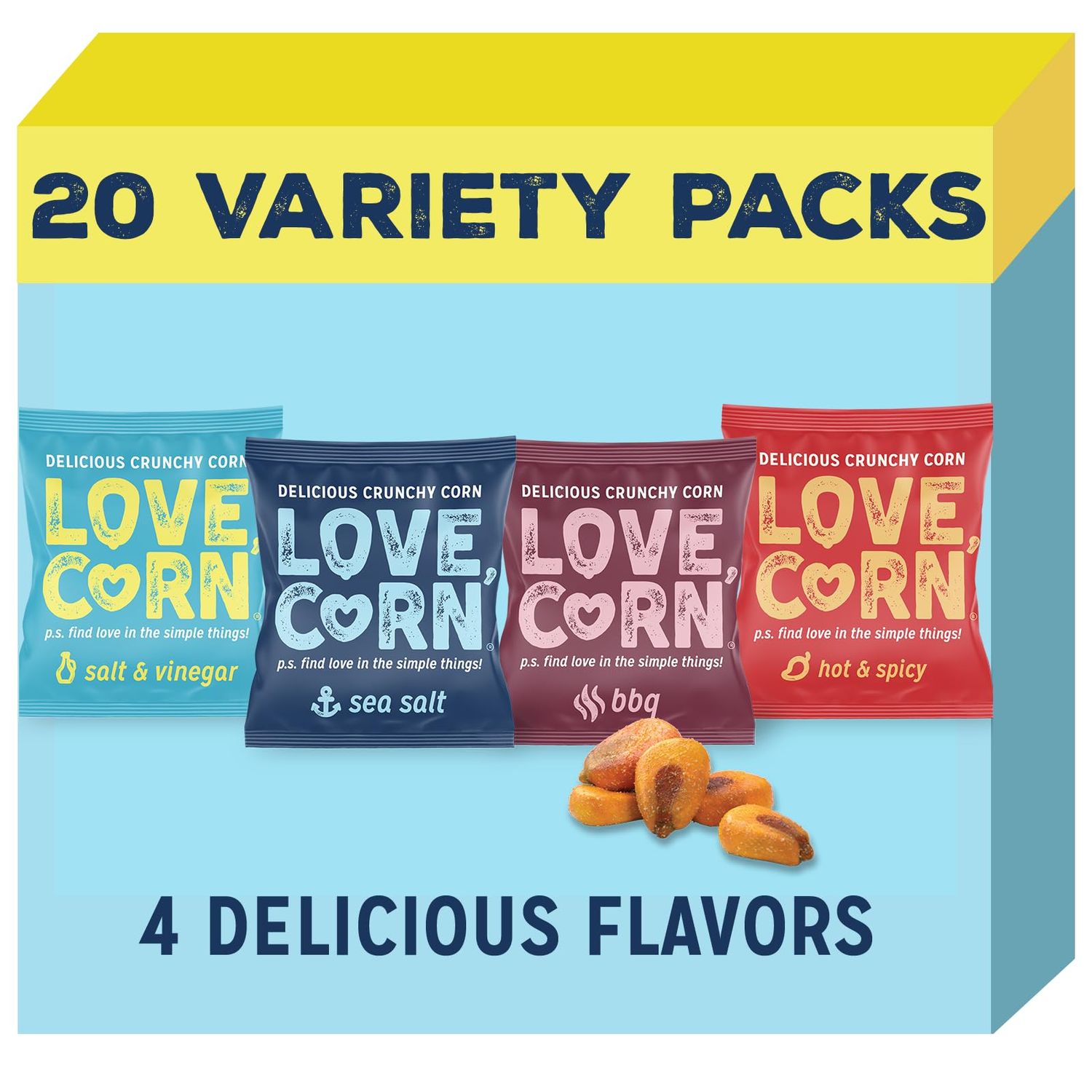 LOVE CORN Fab Four - Sea Salt, BBQ, Salt &amp; Vinegar, Hot Spicy 0.7oz x 20 Delicious Crunchy Corn Healthy Family Snacks Gluten Free, Kosher, NON-GMO Alternative for Chips, Nuts, Crackers Pretzels