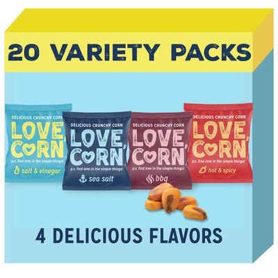 LOVE CORN Fab Four - Sea Salt, BBQ, Salt &amp; Vinegar, Hot Spicy 0.7oz x 20 Delicious Crunchy Corn Healthy Family Snacks Gluten Free, Kosher, NON-GMO Alternative for Chips, Nuts, Crackers Pretzels