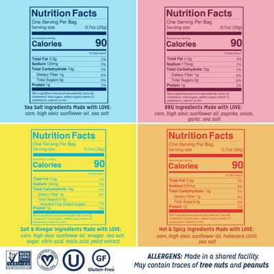 LOVE CORN Fab Four - Sea Salt, BBQ, Salt & Vinegar, Hot Spicy 0.7oz x 20 Delicious Crunchy Corn Healthy Family Snacks Gluten Free, Kosher, NON-GMO Alternative for Chips, Nuts, Crackers Pretzels