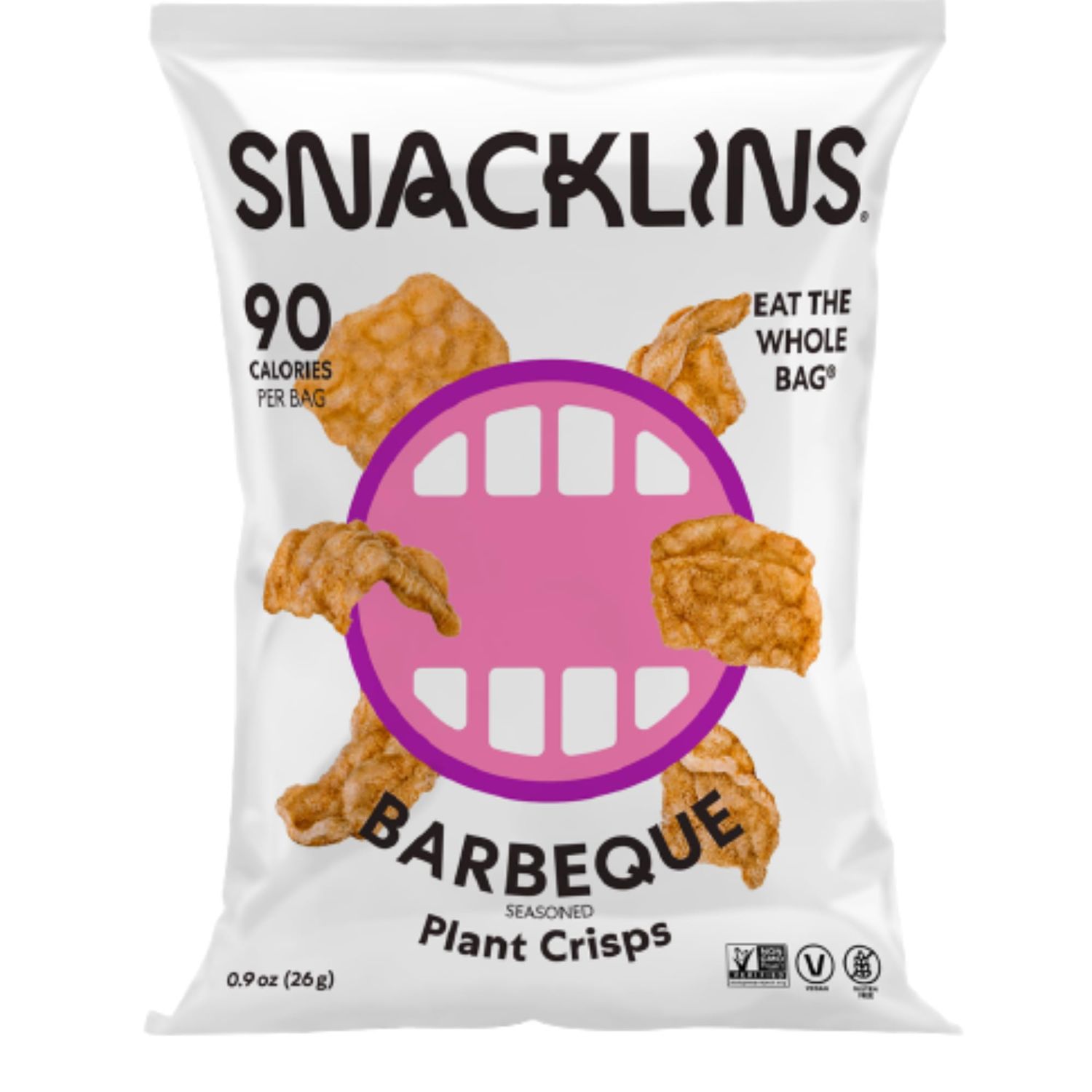 SNACKLINS Plant Based Crisps BARBEQUE - Gluten Free, Grain Free, 100% Kosher, Vegan Healthy Snacks, Crunchy Puffed Snack, Only 90 Calories Per Bag, .9oz Bag (Case of 12)