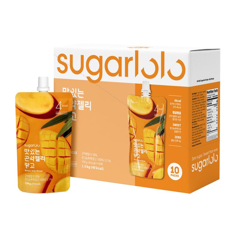 Sugarlolo Konjac Sweet Mango Jelly Snack - 5.29 Oz (150g) | 10 Pack | Only 4 Calories per Pouch | Vegan Jello with Zero Sugar | Low Calorie Korean Snacks | Stocking Stuffers White Elephant Gift