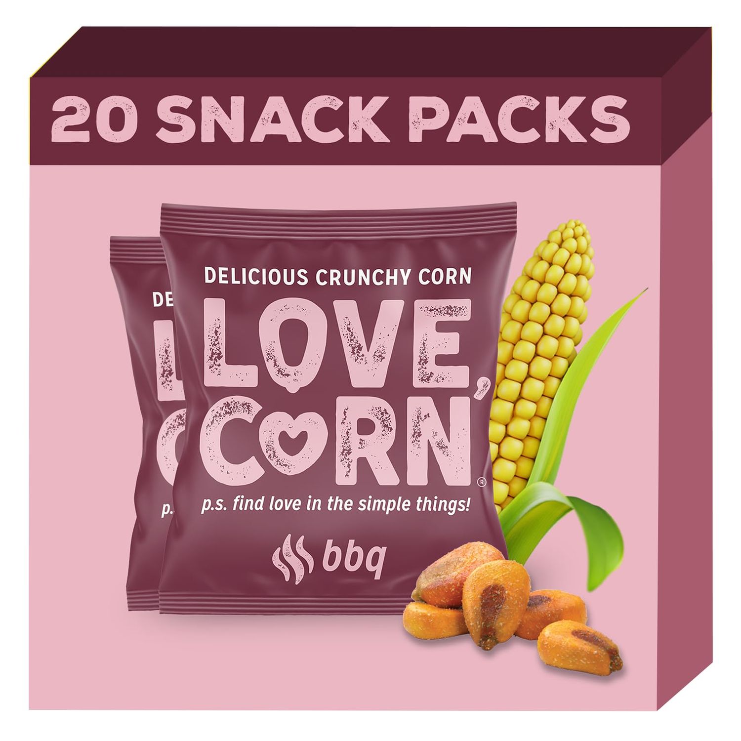 LOVE CORN BBQ 0.7oz x 20 Bags - Delicious Crunchy Corn - Healthy Family Snacks - Gluten Free, Kosher, NON-GMO - Alternative for Chips, Nuts, Crackers &amp; Pretzels - Perfect for Charcuterie Boards