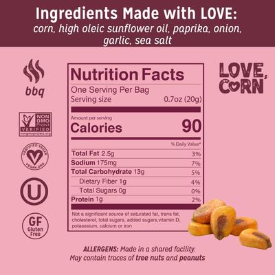 LOVE CORN BBQ 0.7oz x 20 Bags - Delicious Crunchy Corn - Healthy Family Snacks - Gluten Free, Kosher, NON-GMO - Alternative for Chips, Nuts, Crackers & Pretzels - Perfect for Charcuterie Boards