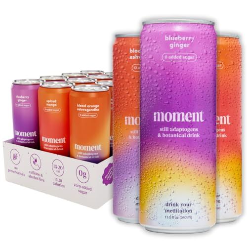 Moment Adaptogen Drink (Shark Tank) - NON-CARBONATED Combo | Blueberry Ginger, Spiced Mango, Blood Orange | L-Theanine &amp; Ashwagandha for Calm &amp; Clarity | 0 Added Sugar, 0 Caffeine, 0 Alcohol | 12-pack