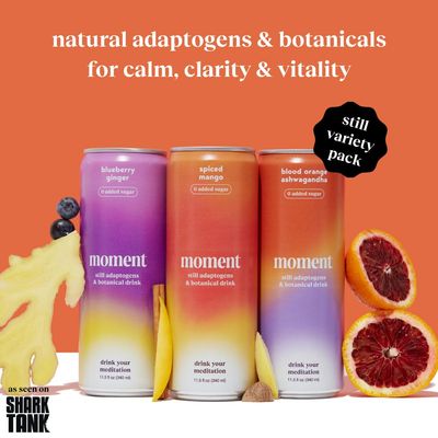 Moment Adaptogen Drink (Shark Tank) - NON-CARBONATED Combo | Blueberry Ginger, Spiced Mango, Blood Orange | L-Theanine & Ashwagandha for Calm & Clarity | 0 Added Sugar, 0 Caffeine, 0 Alcohol | 12-pack