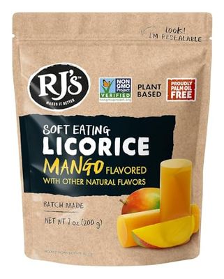 RJ&#39;s Soft Australian Licorice, Natural Mango Flavor, Resealable Bag, 7.05 Ounce (1-Pack) | Non-GMO, No Palm Oil, Plant Based | Soft &amp; Chewy Licorice Candy, Made in Australia