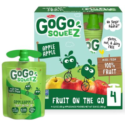 GoGo squeeZ Applesauce on the Go, Apple Apple, 3.2 Ounce (48 Pouches), Gluten Free, Vegan Friendly, Unsweetened Applesauce, Recloseable, BPA Free Pouches (Packaging May Vary)