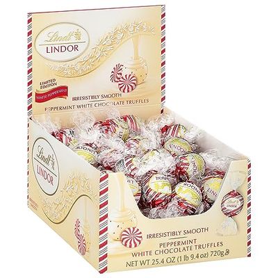Lindt LINDOR White Chocolate Peppermint Truffles, White Chocolate Candy with Smooth Peppermint Truffle Center, 25.4 oz., 60 Count