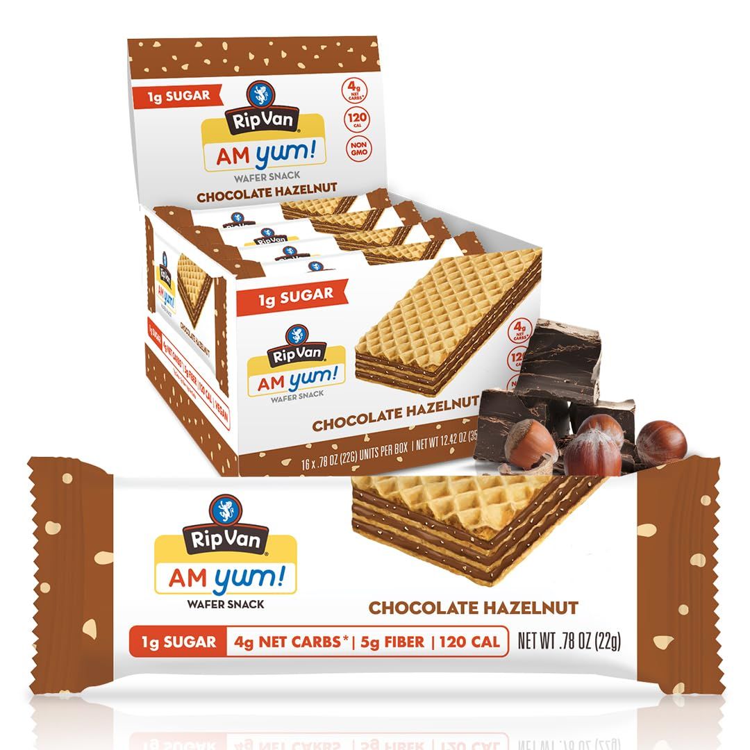 Rip Van AM YUM Chocolate Hazelnut - Keto Snacks - Non-GMO - Healthy -Low Calorie, Low Carb &amp; Low Sugar (1g) - 16 Count