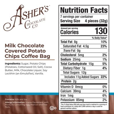 Asher's Chocolate Company, Delicious Chocolate Covered Potato Chips, Made from the Finest Kosher Chocolate, Family Owned Since 1892 (8.5oz, Milk Chocolate)
