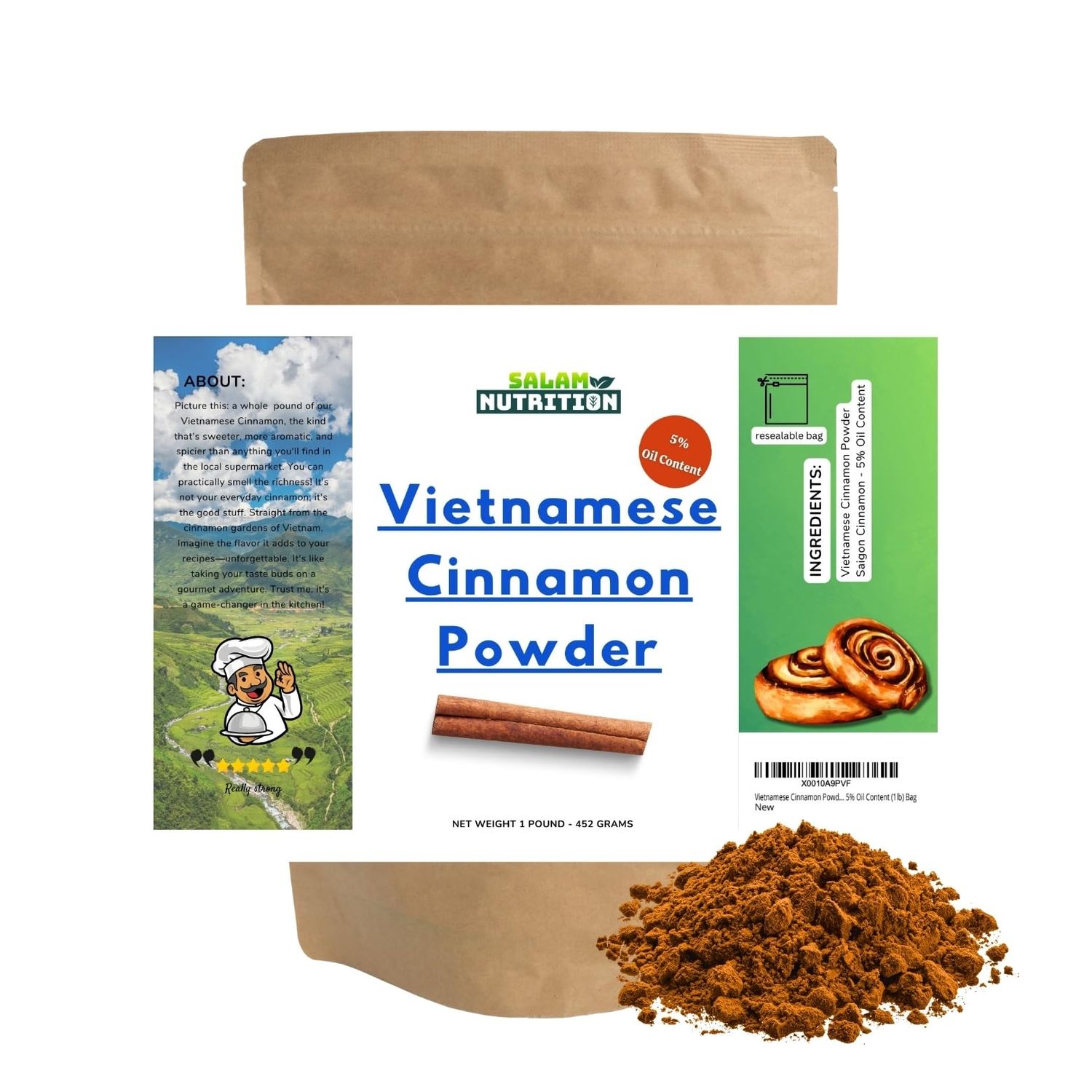 Vietnamese Cinnamon Powder Saigon Cinnamon - 5% Oil Content (1lb) Bag Full Balanced Spicy Flavor - Hammer Milled Grind Method - Premium Quality Bulk Bag