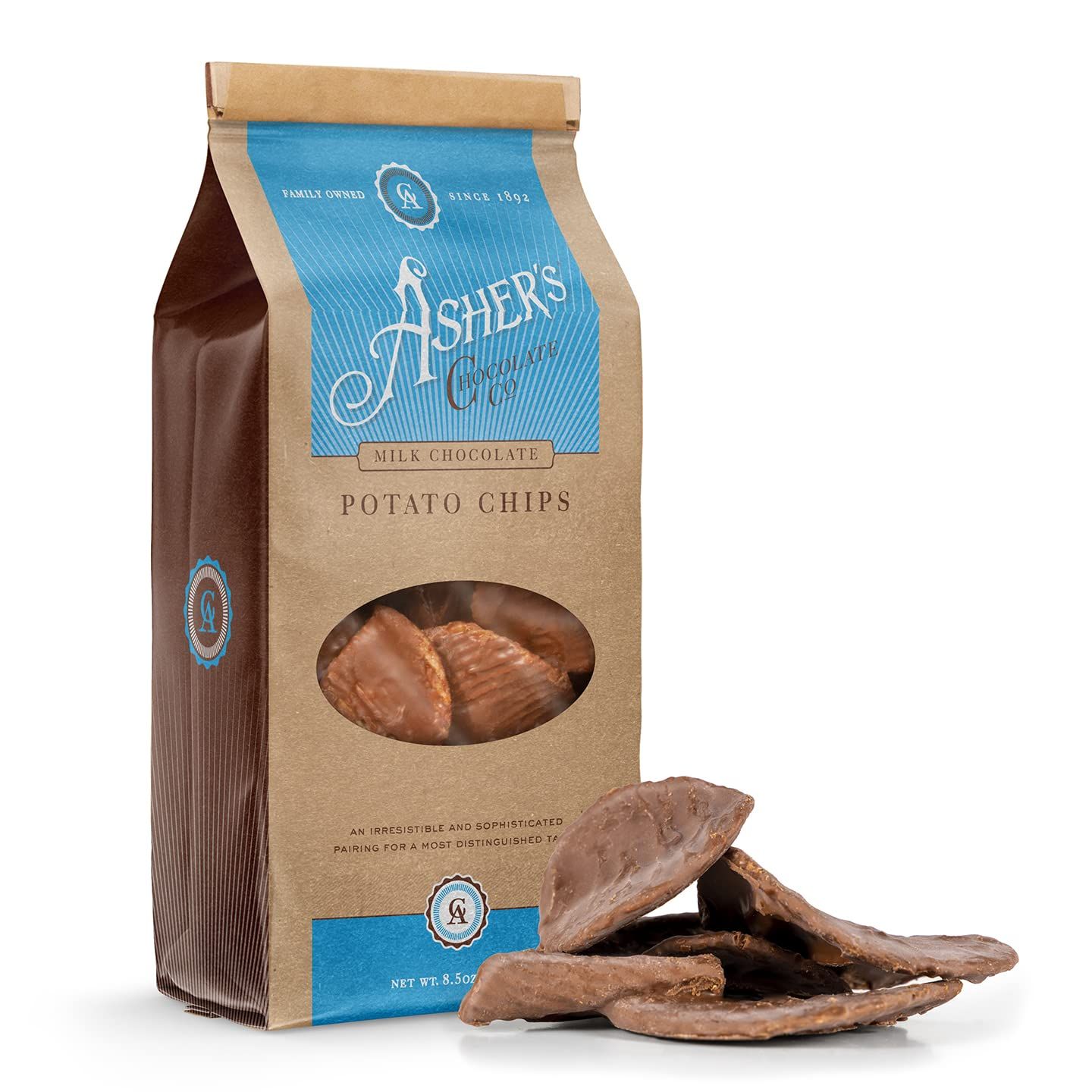 Asher&#39;s Chocolate Company, Delicious Chocolate Covered Potato Chips, Made from the Finest Kosher Chocolate, Family Owned Since 1892 (8.5oz, Milk Chocolate)
