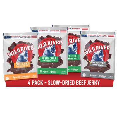 Wild River Beef Jerky Variety Pack, Old Fashioned Beef Jerky, Gluten Free - 2 Green Chile, Black Pepper, Original - Perfect Hunting Trip Meat Snack, Made with 100% Beef, 3.5 Ounce (Pack of 4)