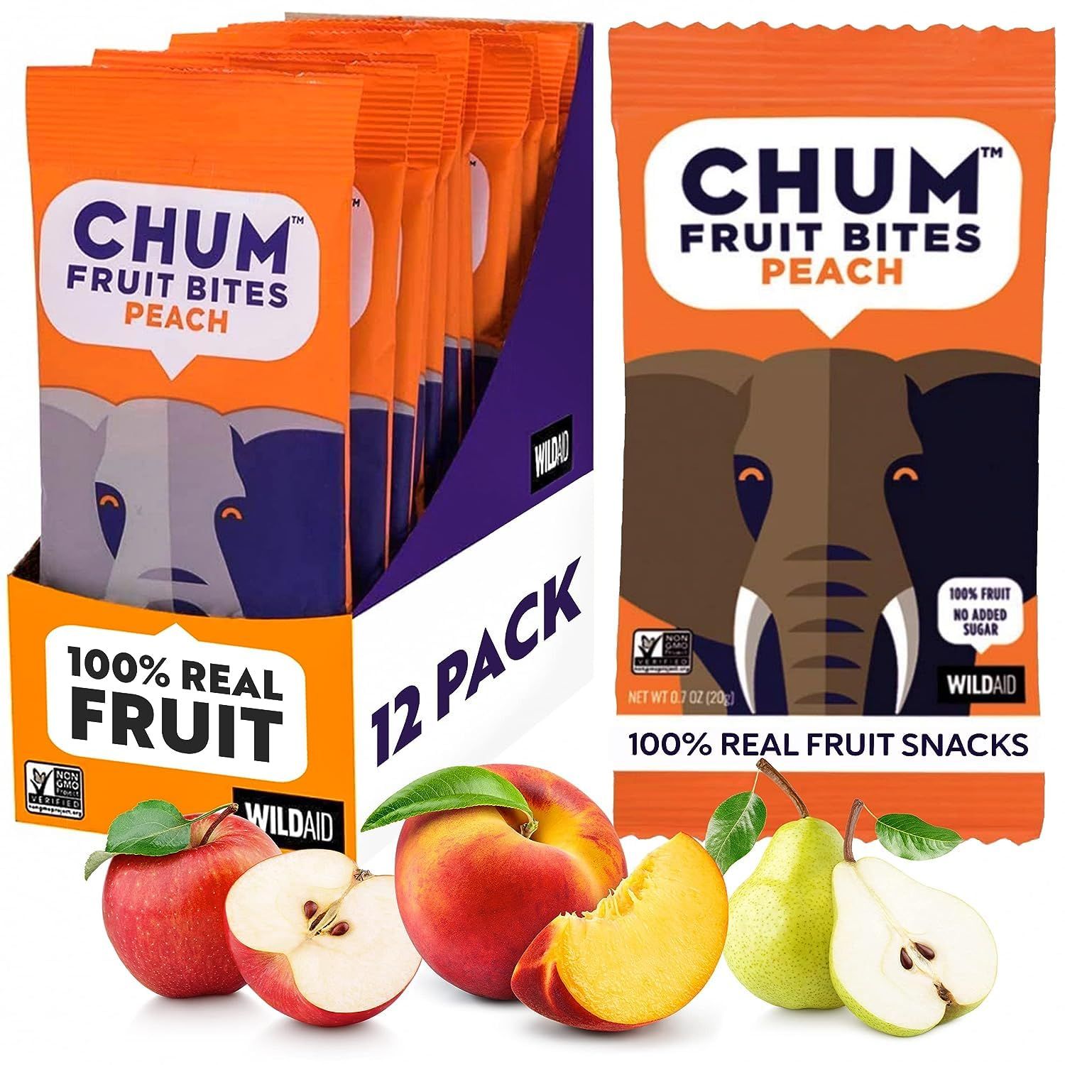Chum Fruit Bites 100% Real Fruit Snacks | Peach, 12 Pack | Non-GMO, No Added Sugar or Preservatives | Top 12 Allergen and School Friendly, Nut-Free, Gluten-Free, Vegan, Kosher, Paleo