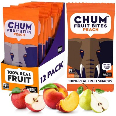 Chum Fruit Bites 100% Real Fruit Snacks | Peach, 12 Pack | Non-GMO, No Added Sugar or Preservatives | Top 12 Allergen and School Friendly, Nut-Free, Gluten-Free, Vegan, Kosher, Paleo