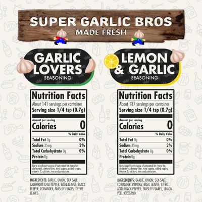 Flavor God Classic Combo Pack Of 2 Super Garlic Bros Edition Garlic Lovers, Lemon & Garlic, Herb, Seasoning Gift Set, Natural Healthy Spice Blend, Low Sodium Grill Chicken Beef Seafood Salad Steak Rub