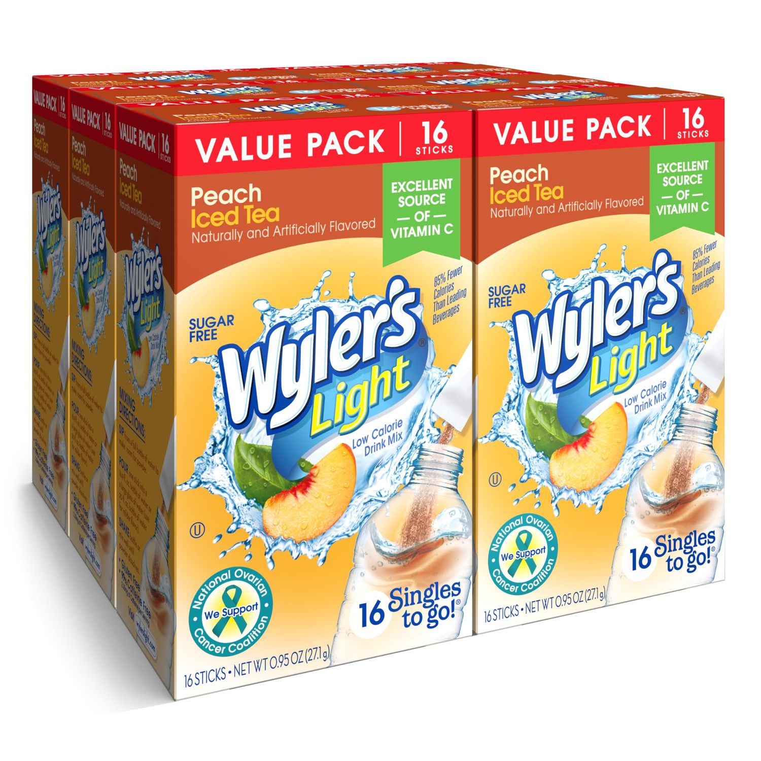 Wyler&#39;s Light Singles To Go Powder Packets, Water Drink Mix, Peach Iced Tea, 16 Count, 6 Boxes (96 Single Servings)