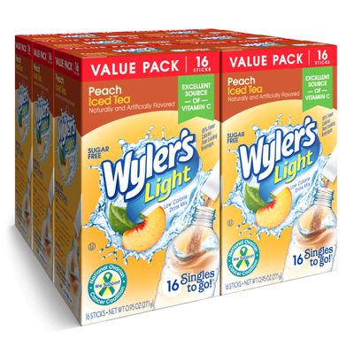 Wyler&#39;s Light Singles To Go Powder Packets, Water Drink Mix, Peach Iced Tea, 16 Count, 6 Boxes (96 Single Servings)