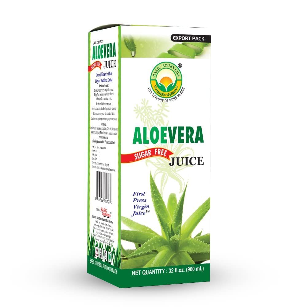 BASIC AYURVEDA Aloe Vera Juice Sugar Free | 32.46 Fl Oz (960ml) | Organic &amp; Pure Whole Leaf Aloe Drink | for Healthy Digestion &amp; Skin
