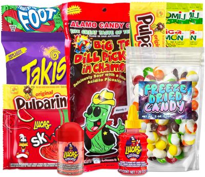 Chamoy Pickle Kit with Freeze Dried Candy, Takis, Lucas Gusano. Salsaghetti, Polvos, Mexican Candy &amp; Alamo Chamoy Pickle from tiktok trend items, 13 pieces