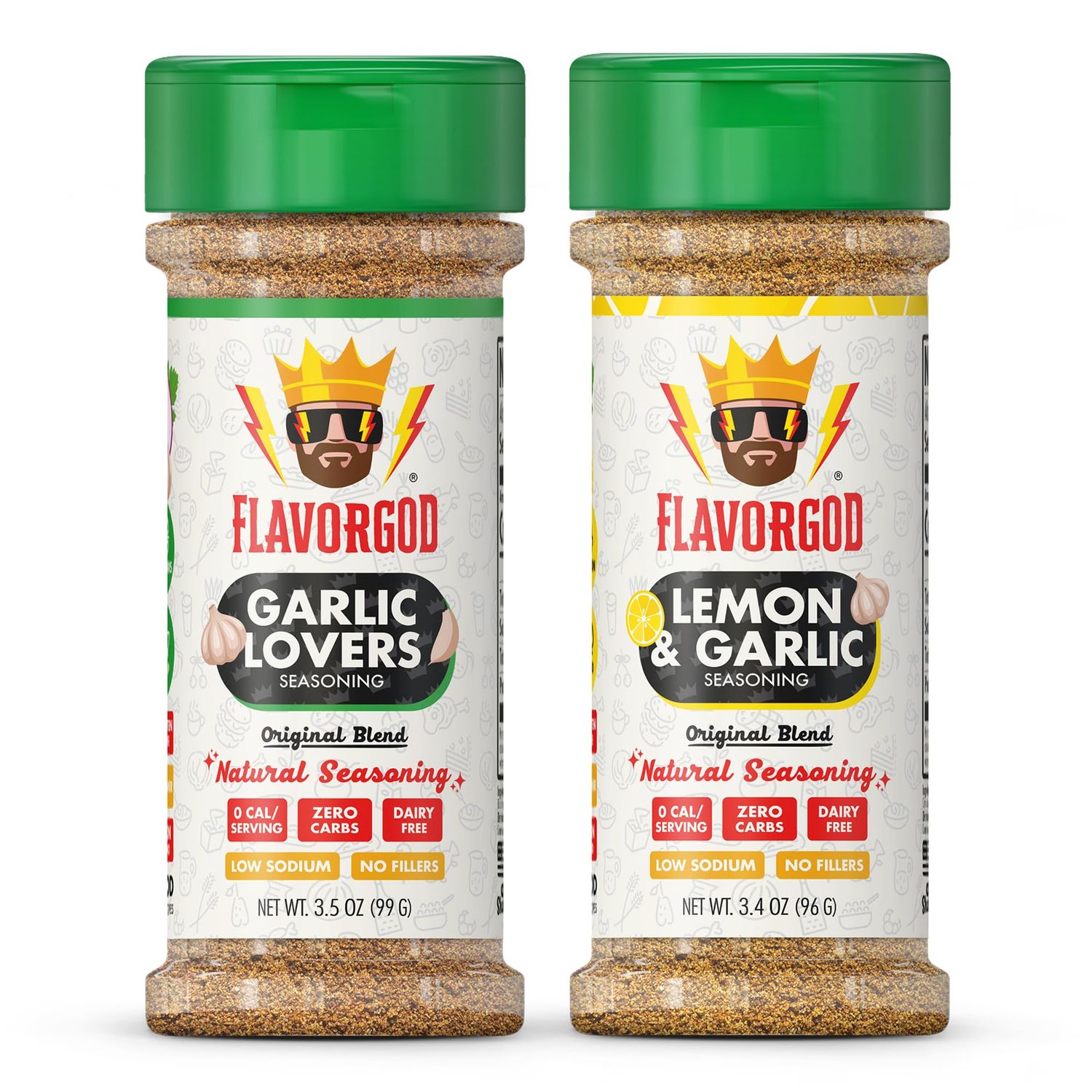Flavor God Classic Combo Pack Of 2 Super Garlic Bros Edition Garlic Lovers, Lemon &amp; Garlic, Herb, Seasoning Gift Set, Natural Healthy Spice Blend, Low Sodium Grill Chicken Beef Seafood Salad Steak Rub