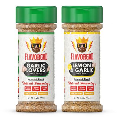 Flavor God Classic Combo Pack Of 2 Super Garlic Bros Edition Garlic Lovers, Lemon &amp; Garlic, Herb, Seasoning Gift Set, Natural Healthy Spice Blend, Low Sodium Grill Chicken Beef Seafood Salad Steak Rub