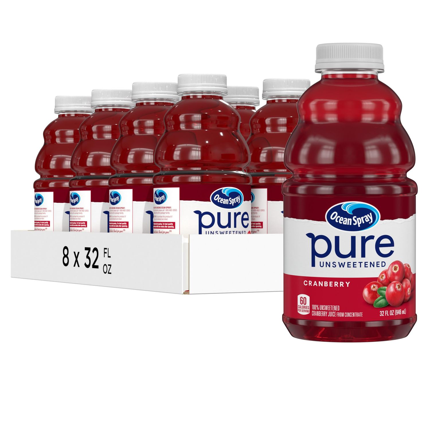 Ocean Spray Pure Unsweetened Cranberry, 100% Cranberry Juice From Concentrate, 32 Fl Oz Bottle (Pack of 8)