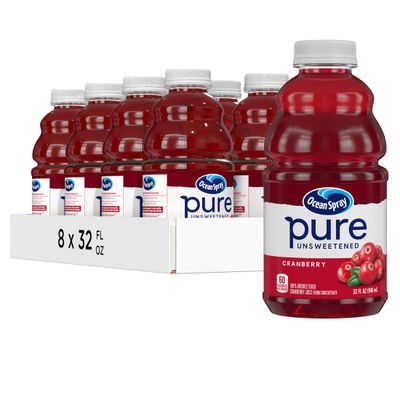 Ocean Spray Pure Unsweetened Cranberry, 100% Cranberry Juice From Concentrate, 32 Fl Oz Bottle (Pack of 8)