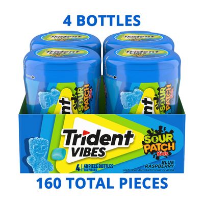 Trident Vibes SOUR PATCH KIDS Blue Raspberry Sugar Free Gum, 4-40 Piece Bottles (160 Total Pieces)