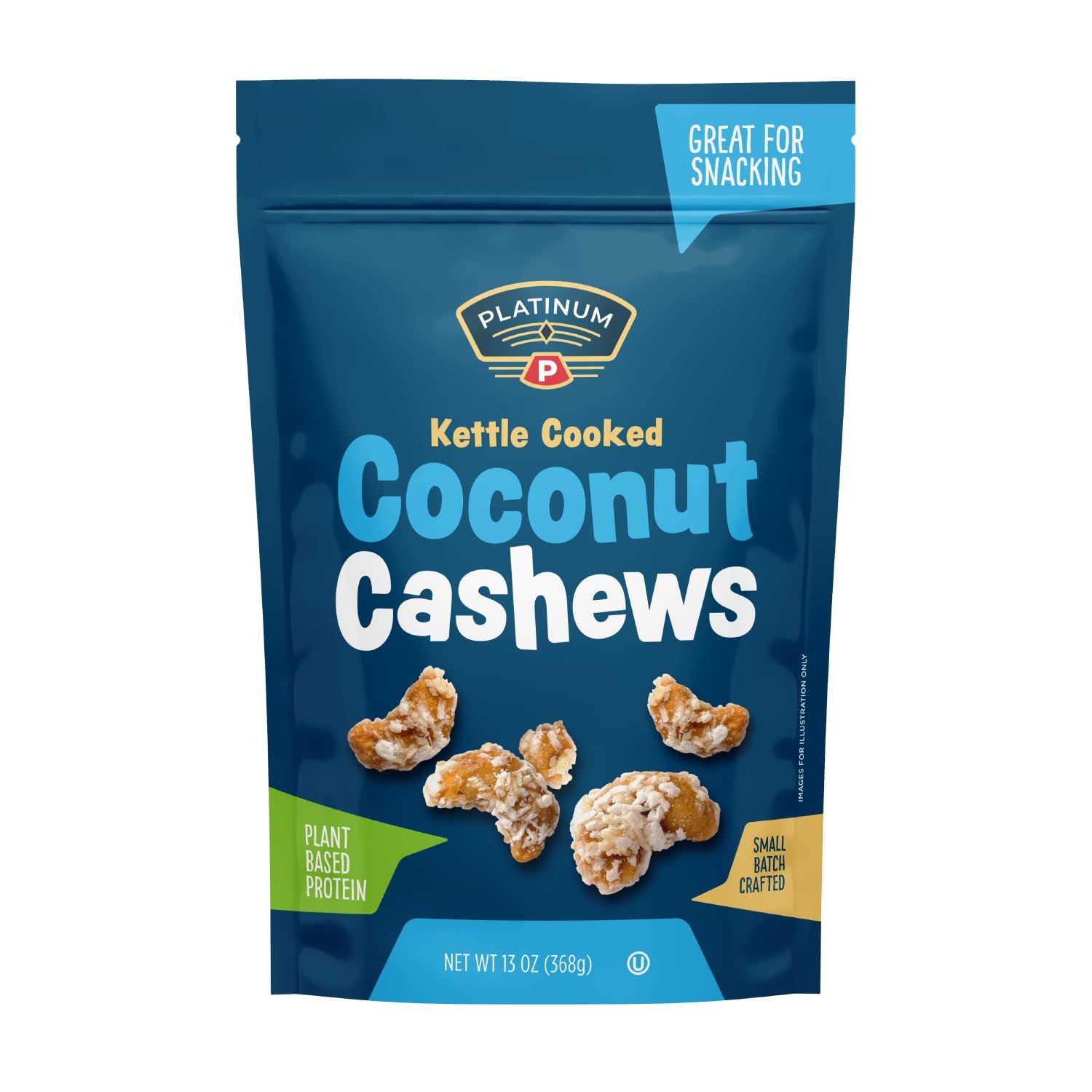 Platinum Kettle Cooked Coconut Cashews - Plant Based Protein, Fiber, Healthy Snack - Wholesome Nutritional Boost - Can Bring at Home, Work, Office, Gym &amp; School - 13 oz Individual &amp; Resealable Pouch