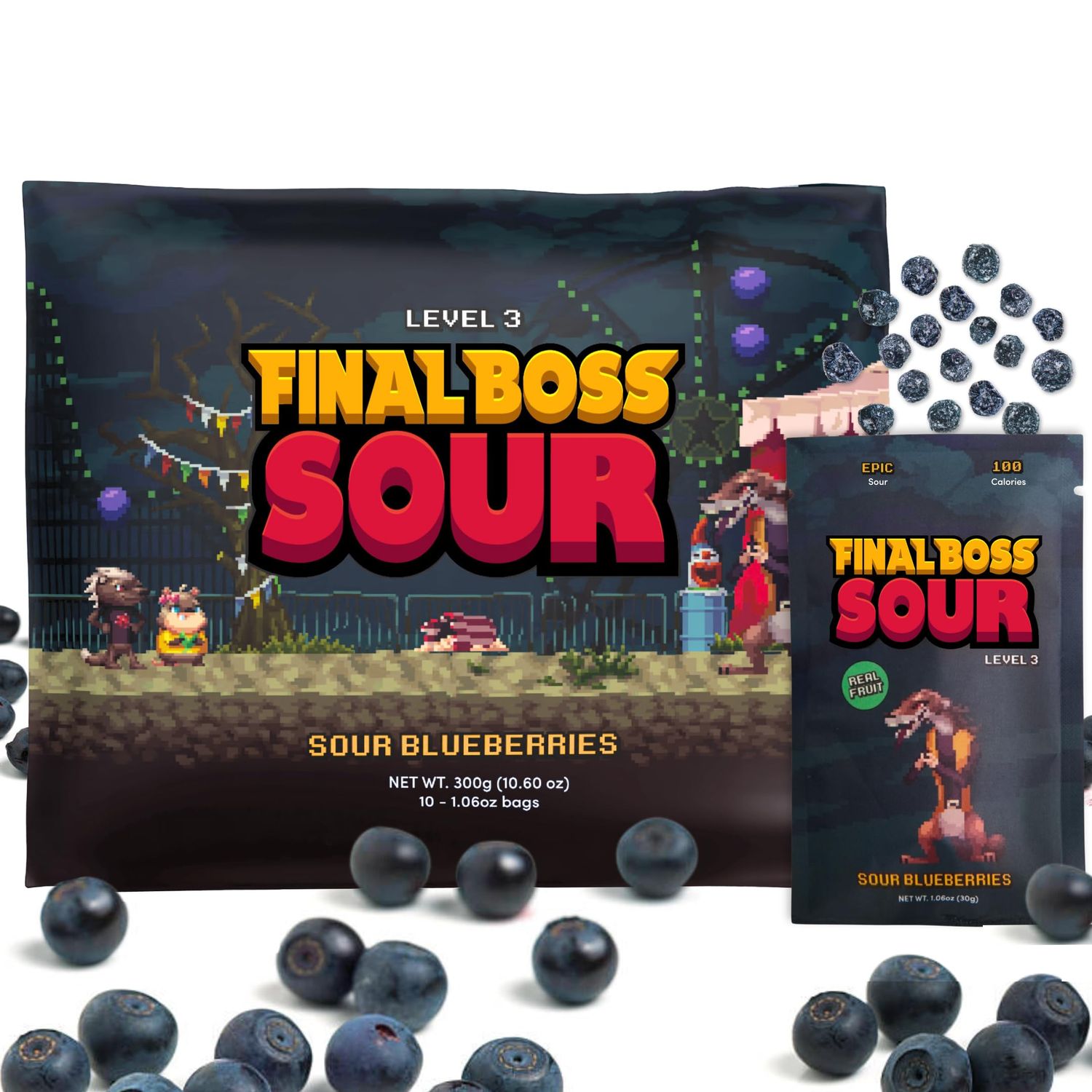 Final Boss Sour, Extremely Super Sour Gummy Candy, Blueberry, LvL 3, (1.06 Ounces Bags, 10 Bags) - Gummies Made with Dried Fruit, Free of Artificial Colors, Low Calorie Healthy Snack for Kids &amp; Adults