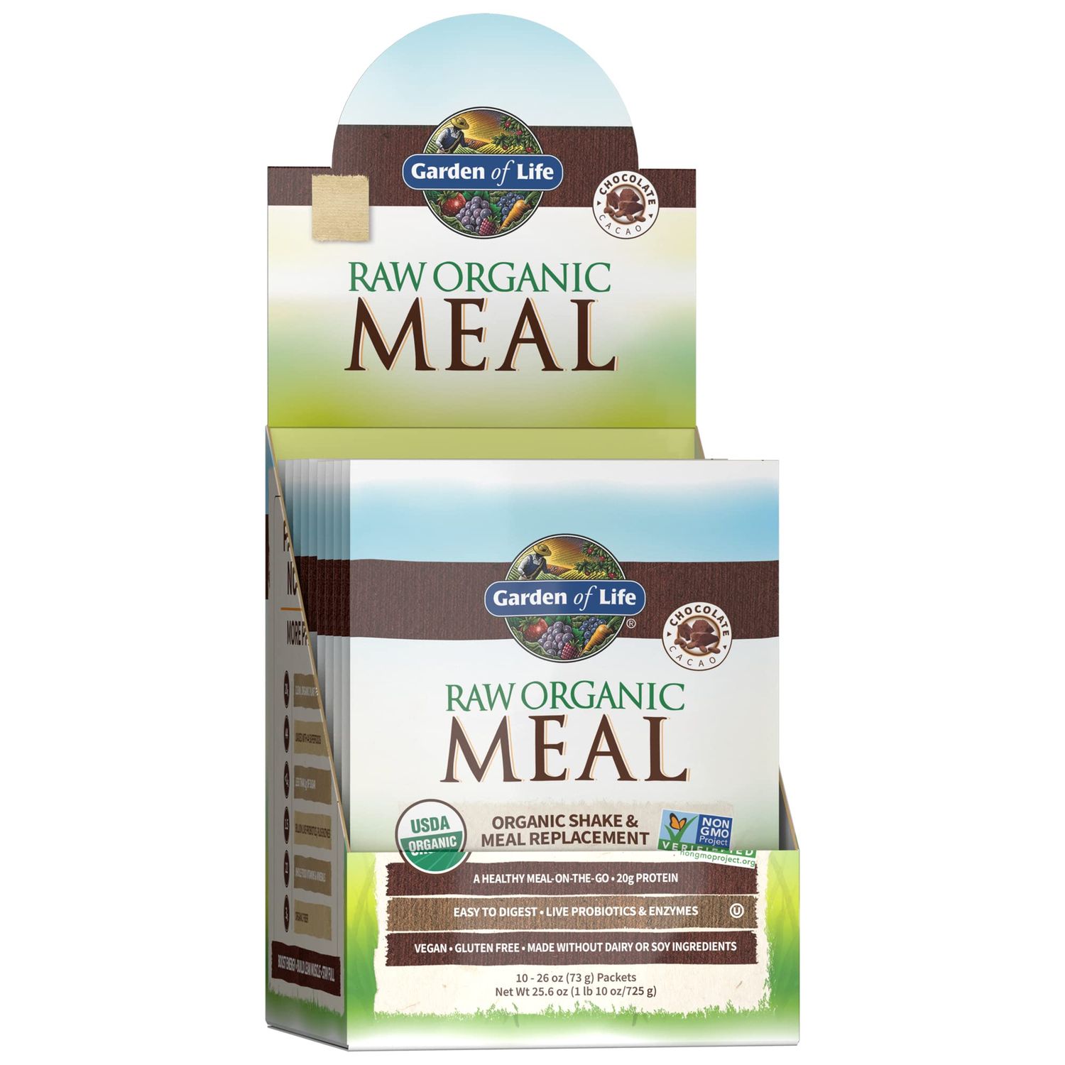 Garden of Life Meal Replacement Chocolate Powder, 10ct Tray, Organic Raw Plant Based Protein Powder, Vegan, Gluten-Free, 0.16 Pound