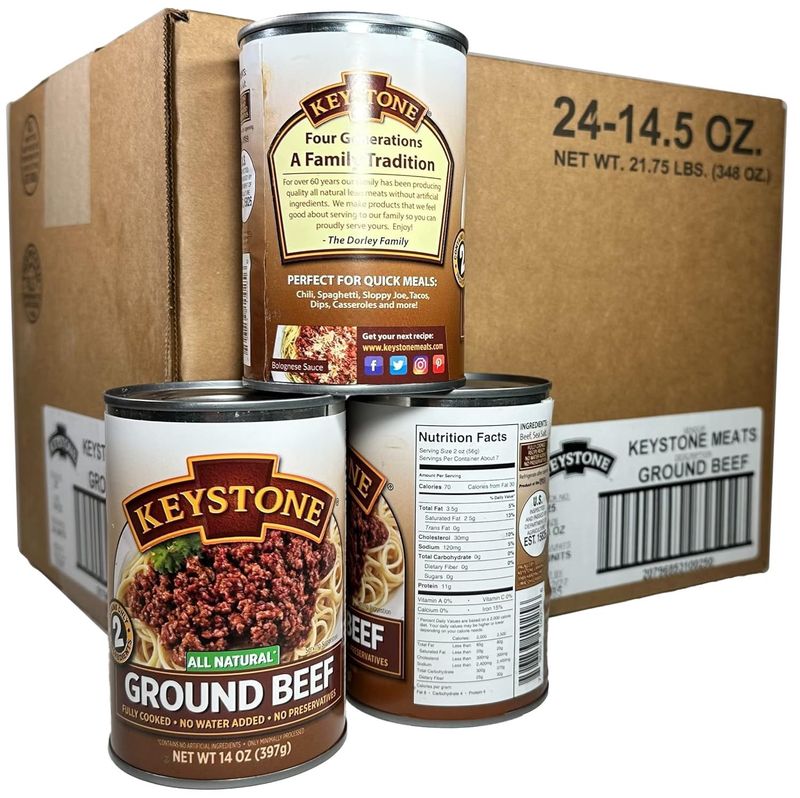 Keystone All Natural Ground Beef 14 Ounce Long Term Emergency Survival Food Canned Meat | Fully Cooked Ready to Eat | Gluten Free Family Pack of 24