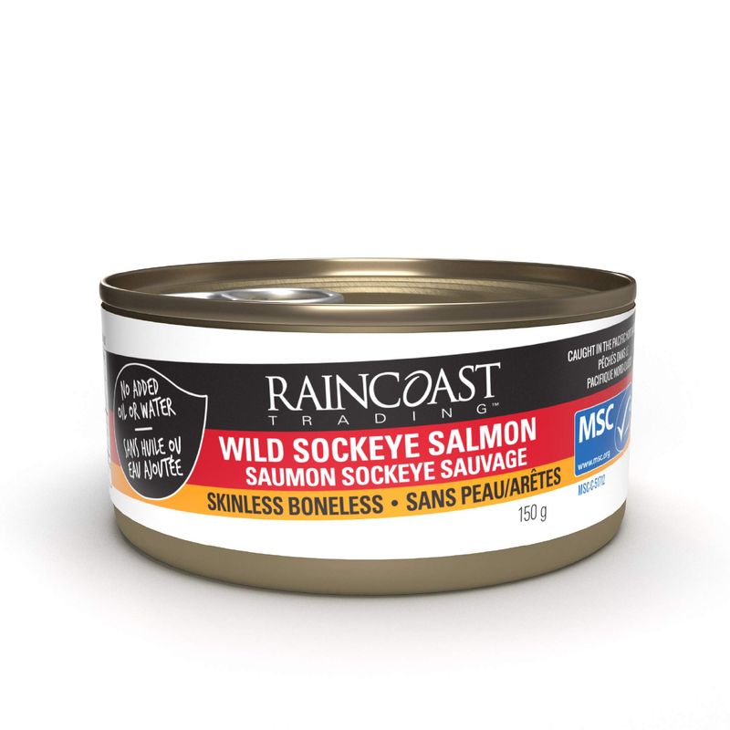 Raincoast Trading | Wild Caught Canned Salmon | Canned Fish | Certified Sustainable Seafood | Caught in the Pacific Northwest | 150g/can (Pack of 12) (Wild Sockeye Salmon, Skinless &amp; Boneless)