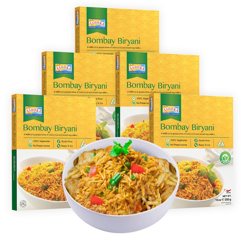 Ashoka Heat &amp; Eat Rice 1932, Vegan Biryani Rice, All-Natural Instant Meals, Bombay Biryani, Kosher Certified Portable Lunch, Made from Aged Basmati Rice, Gluten-Free, No Preservatives, Pack of 5