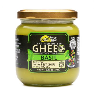 KARAVANSAY, Clarified GHEE Butter Unsalted,natural BASIL flavor, Kosher, Keto Friendly, gluten free, glass jar x 6,17 oz, tastes amazing, rich flavor, 100% natural.