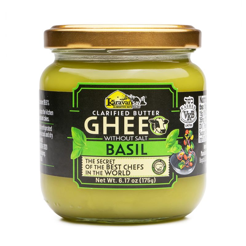KARAVANSAY, Clarified GHEE Butter Unsalted,natural BASIL flavor, Kosher, Keto Friendly, gluten free, glass jar x 6,17 oz, tastes amazing, rich flavor, 100% natural.