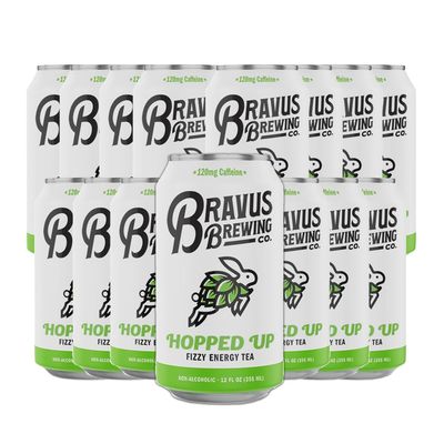 Bravus Hopped Up Sparkling Energy Tea 15 Pack - 12 fl oz - Low Calorie, Organic Black Tea with Organic Hops and 120mg Organic Caffeine - Refreshing Boost with Only 10 Calories
