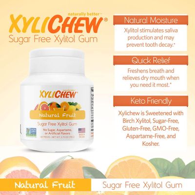 Xylichew 100% Xylitol Chewing Gum - Non GMO, Non Aspartame, Gluten Free, and Sugar Free Gum - Natural Oral Care, Relieves Bad Breath and Dry Mouth - Fruit, 60 Count