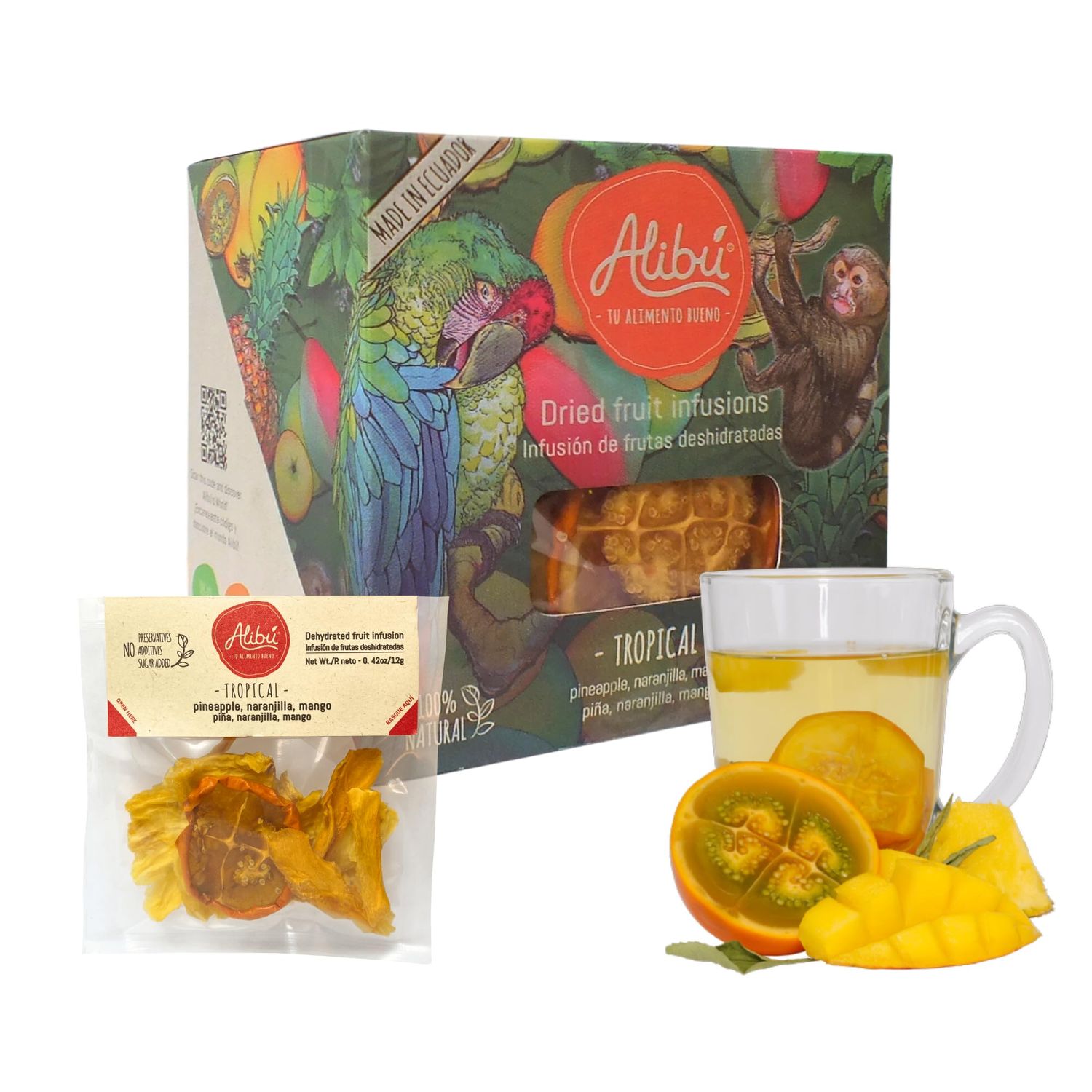 Alib Dried Fruit Tea Infusions - Tropical - Naranjilla, Mango, Pineapple - Certified Vegan, 100% Natural, Hot or Iced, Caffeine Free, Eat and Drink - Box of 2.12 oz