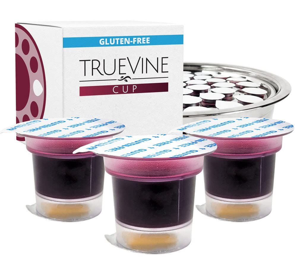 TrueVine Top &amp; Bottom Communion Cups and Wafer Set - Prefilled Cups with Gluten Free Bread &amp; Grape Juice - Carefully Packaged &amp; Easy to Open, Ideal First Communion (100 Count)