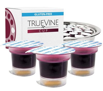 TrueVine Top &amp; Bottom Communion Cups and Wafer Set - Prefilled Cups with Gluten Free Bread &amp; Grape Juice - Carefully Packaged &amp; Easy to Open, Ideal First Communion (100 Count)
